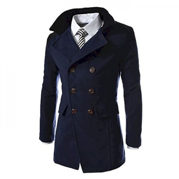 Men's trench coat winter notched collar double breasted mid long jacket warm overcoat navy