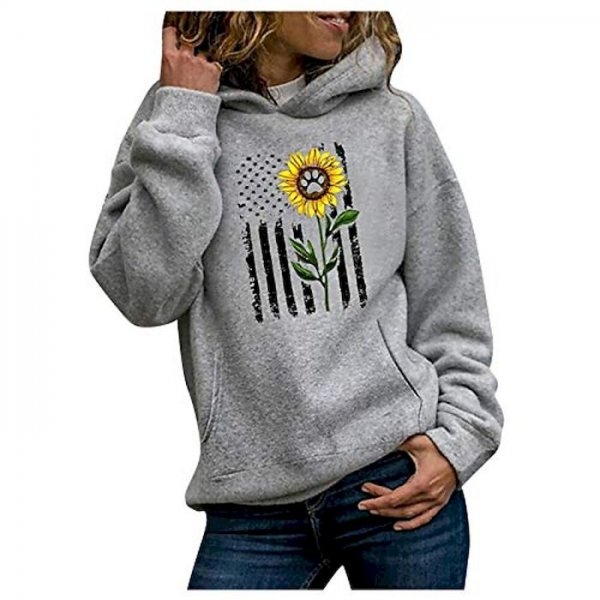 women fashion sunflower graphic hooded pullover sweaters casual comfy long sleeve hoodies shirts tops sweatshirts gray