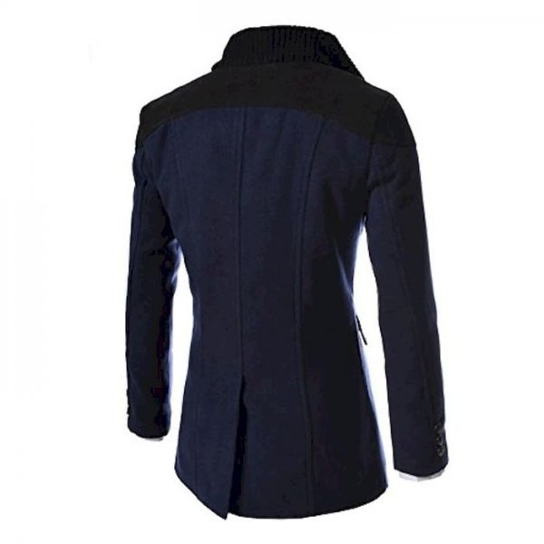 Men's trench coat winter notched collar double breasted mid long jacket warm overcoat navy