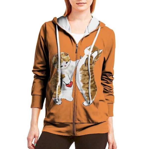 Women's Hoodie Zip Up Hoodie Sweatshirt Cat Animal Zipper Print Daily Sports 3D Print Active Streetwear Hoodies Sweatshirts  Blu